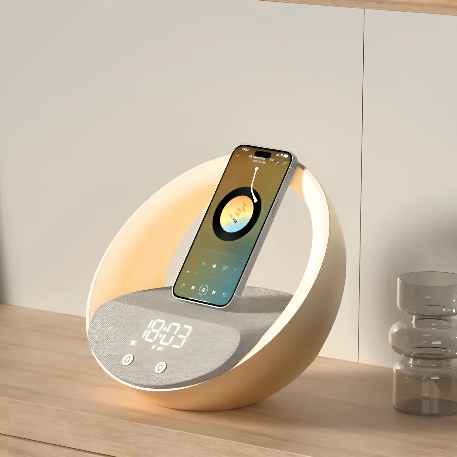 Beige multifunctional wireless charger clock with digital display, fabric speaker grille, and LED wake-up light on a wooden surface.