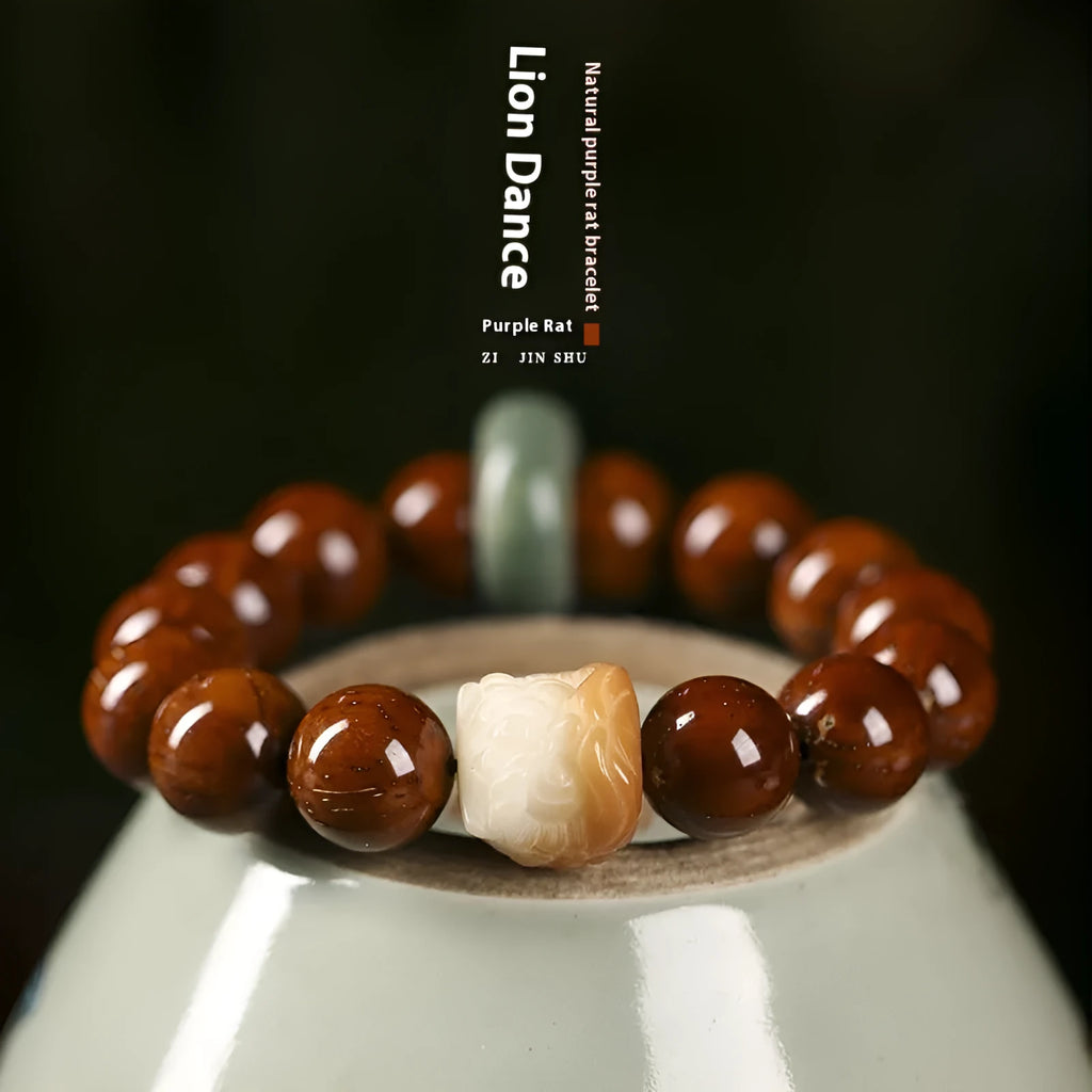 Hand-woven ivory nut lion round bead artistic bracelet with 13mm spherical beads