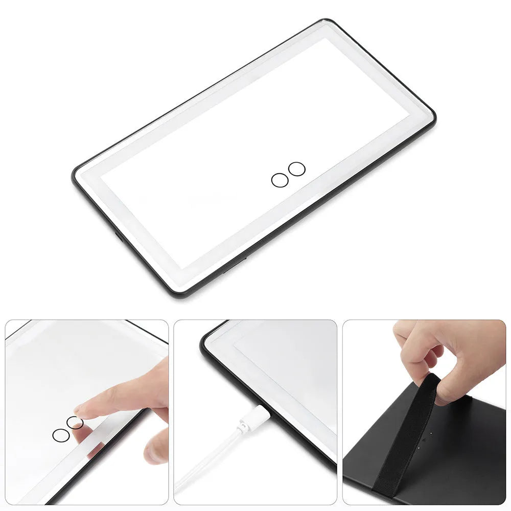 Car sun visor LED touch makeup mirror, 260x135x9mm, aluminum lens, ABS frame, black or white light bars