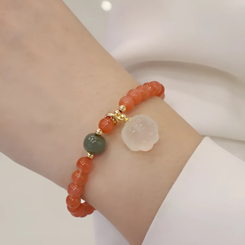 Women's natural red agate and jade bracelet set with cat paw detail on 8mm beads