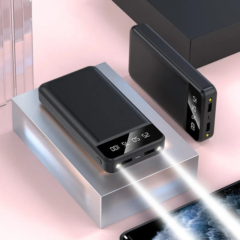 20000mAh polymer power bank in black white pink or blue colours showing USB ports