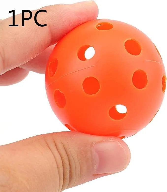 Six-colour golf practice balls in net pocket, each measuring 42mm diameter