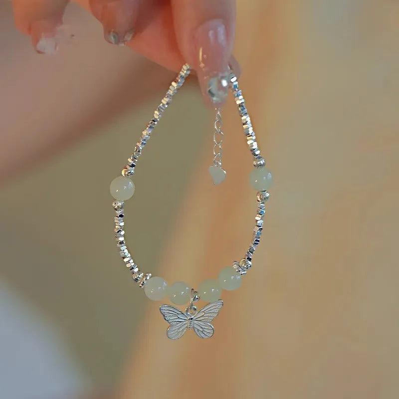 Hetian jade butterfly copper bracelet and necklace set with silver electroplating for women