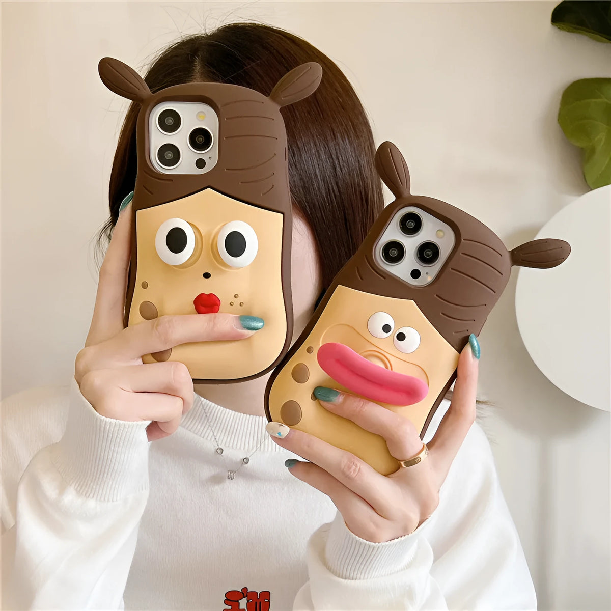 Cartoon Sausage Mouth Girl silicone iPhone case with pop-up mouth and colour-matching finish