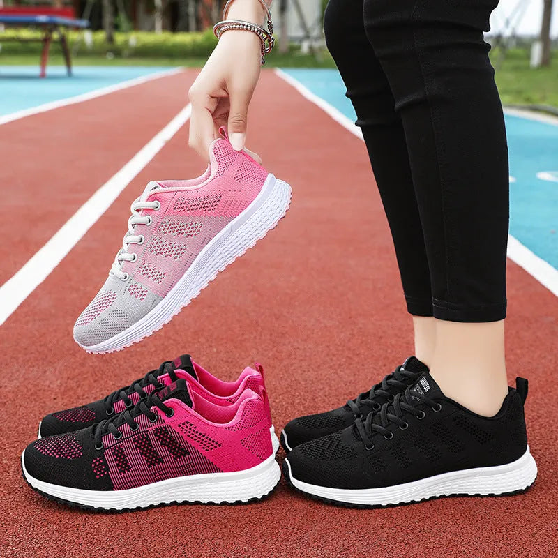 Women's Flyknit running shoes in black, rose red, or grey pink with a flat heel and lace-up front.