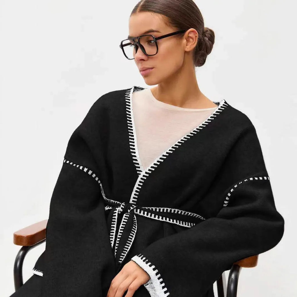 Lace-up front knitted cardigan in imitation cashmere fabric with 50cm body length and long sleeves