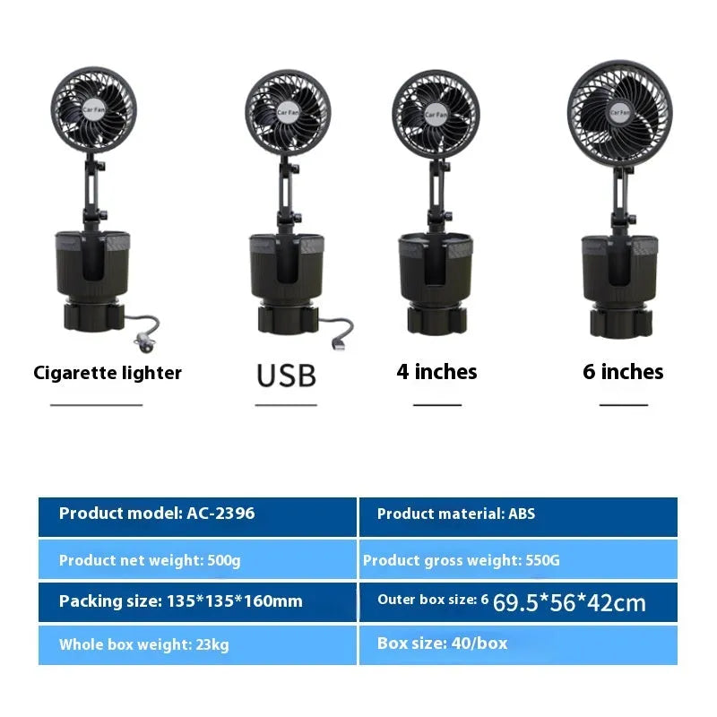 Car water cup holder fan installed in a vehicle's cup holder, showing 12V plug and fan blades.
