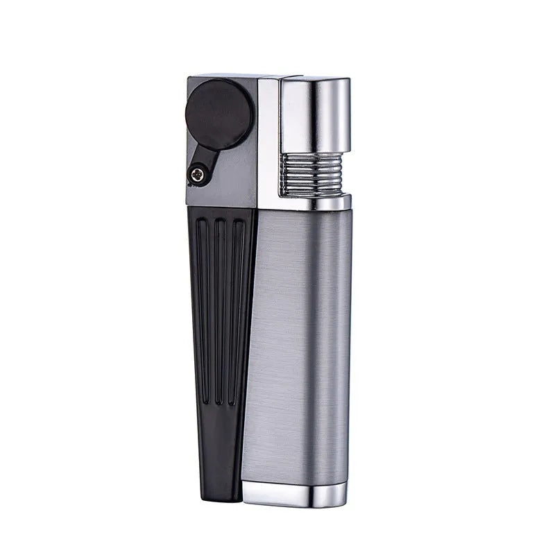 Pipe lighter with zinc alloy body, integrated stash compartment, and metal flap cover, measuring 9.2cm in length
