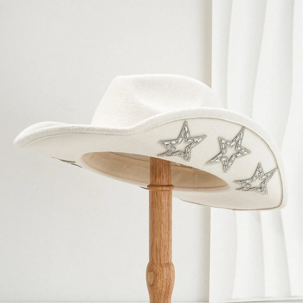 Woolen felt western denim top hat with hexagonal star in beige, black, rose red, white, light pink, or brown, conical crown style