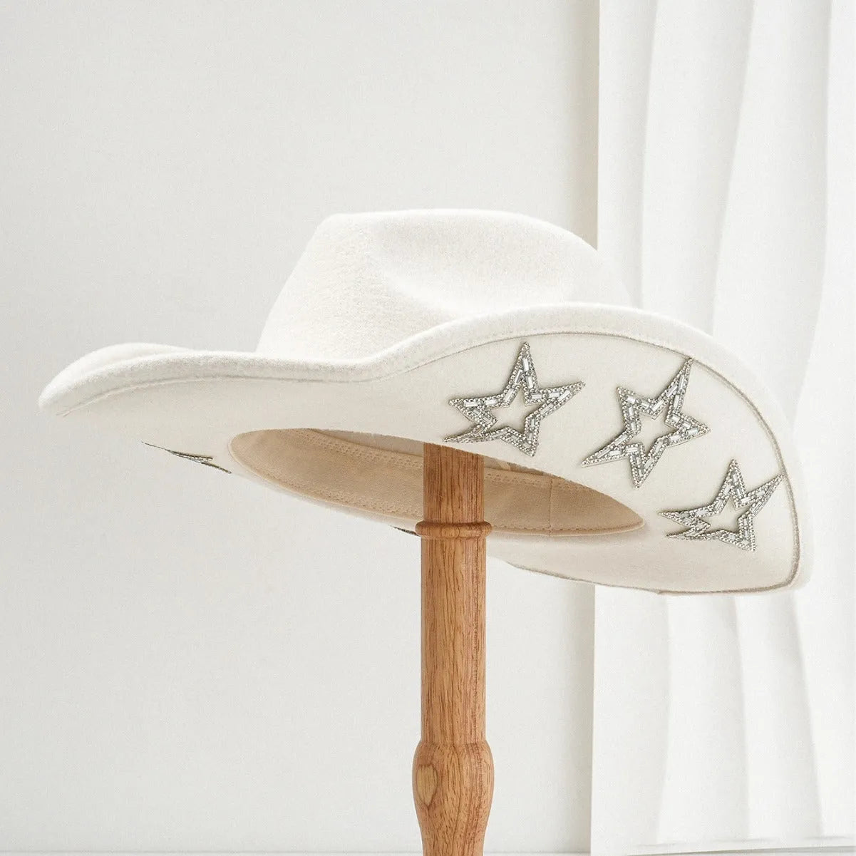 Woolen felt western denim top hat with hexagonal star in beige, black, rose red, white, light pink, or brown, conical crown style