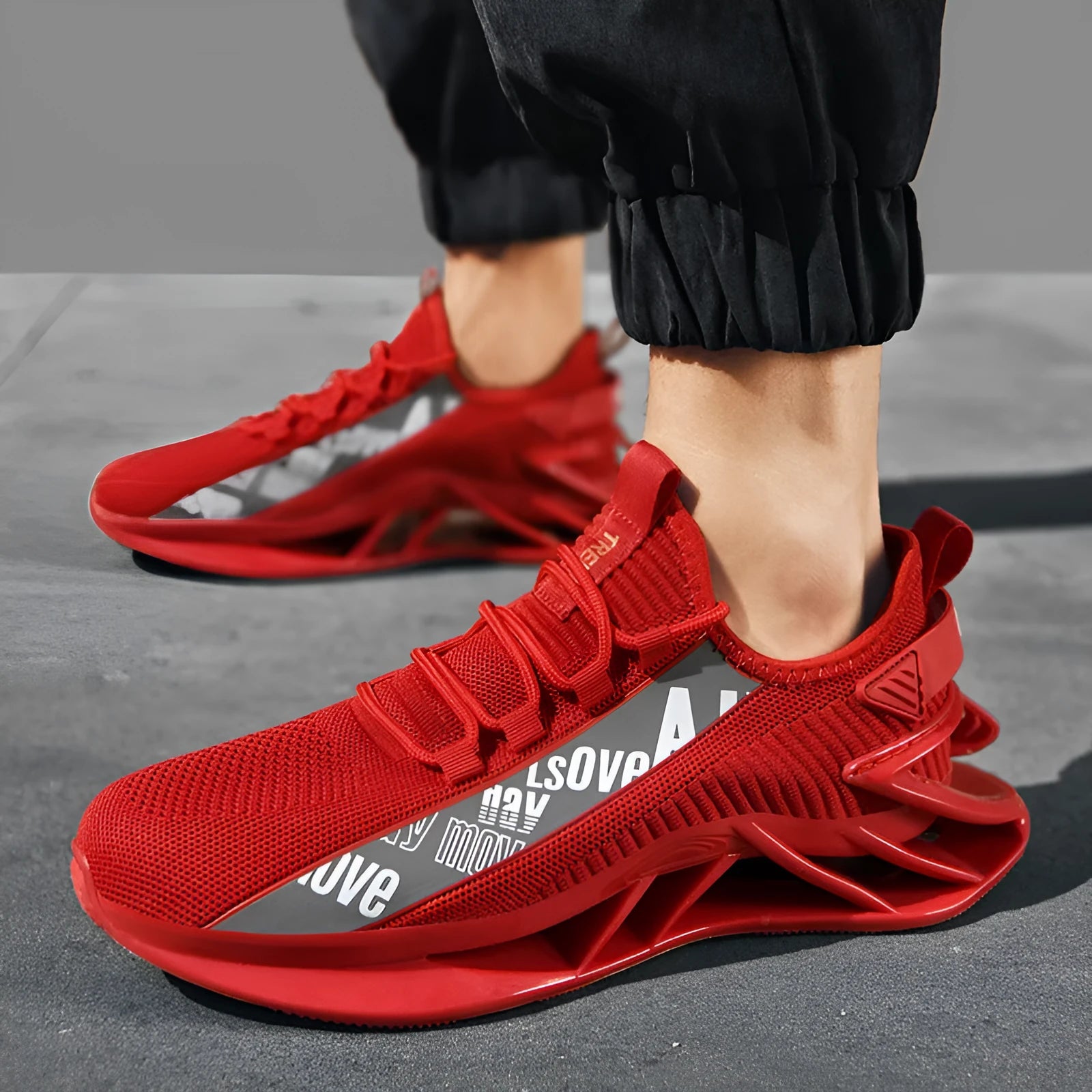 Men's casual exercise shoes with woven mesh upper in black, blue, red, and white colour options showing embroidery details