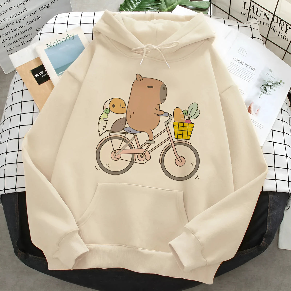 Grey capybara print hoodie with hood and long sleeves, loose polyester pullover for adults, sizes XS to XXXL