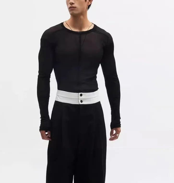 Mesh see-through texture slim-fit black pullover long sleeve with round collar, ultra-thin PU fabric