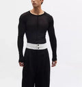 Mesh see-through texture slim-fit black pullover long sleeve with round collar, ultra-thin PU fabric