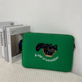 Embroidered animal design laptop sleeve in polyester, showing size options for 13, 14 and 15.6 inch laptops.