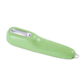Green kitchen peeler with storage tube and stainless steel blade for fruit and vegetables