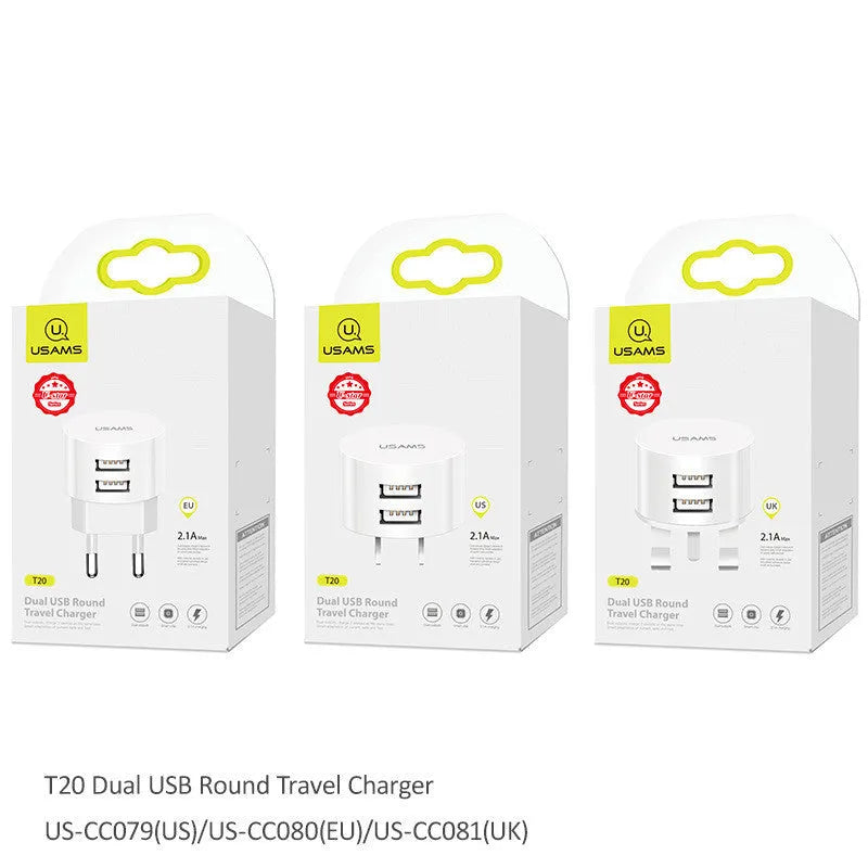 White portable USB phone charger with universal international adapter for UK US and EU power sockets