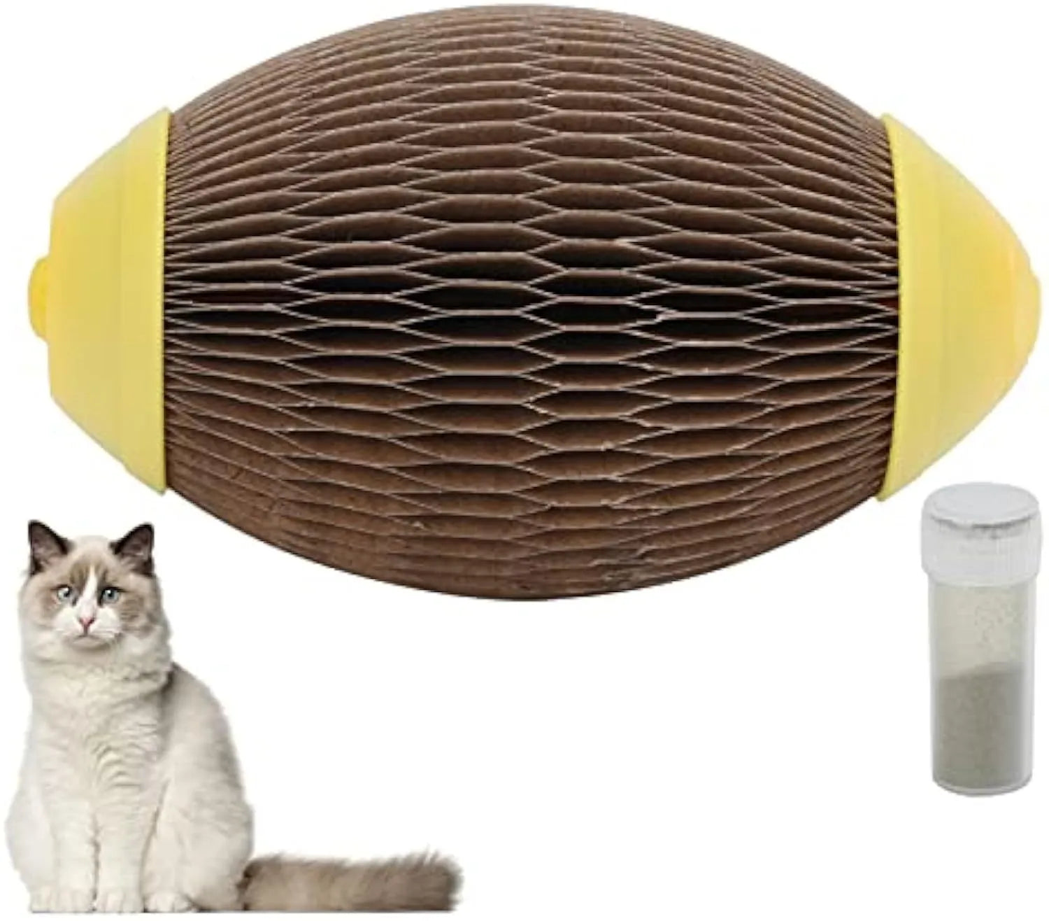 Elliptical catnip ball toy made of recycled corrugated paper, 65mm by 108mm, for scratching and play