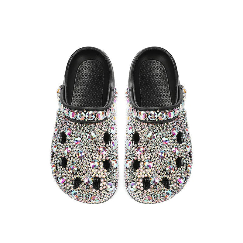 Black women's platform sandals with rhinestone details, perforated EVA upper, and 2cm thick sole