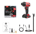 Red and black portable car tyre air pump with display, nozzles, and power cables on a table.
