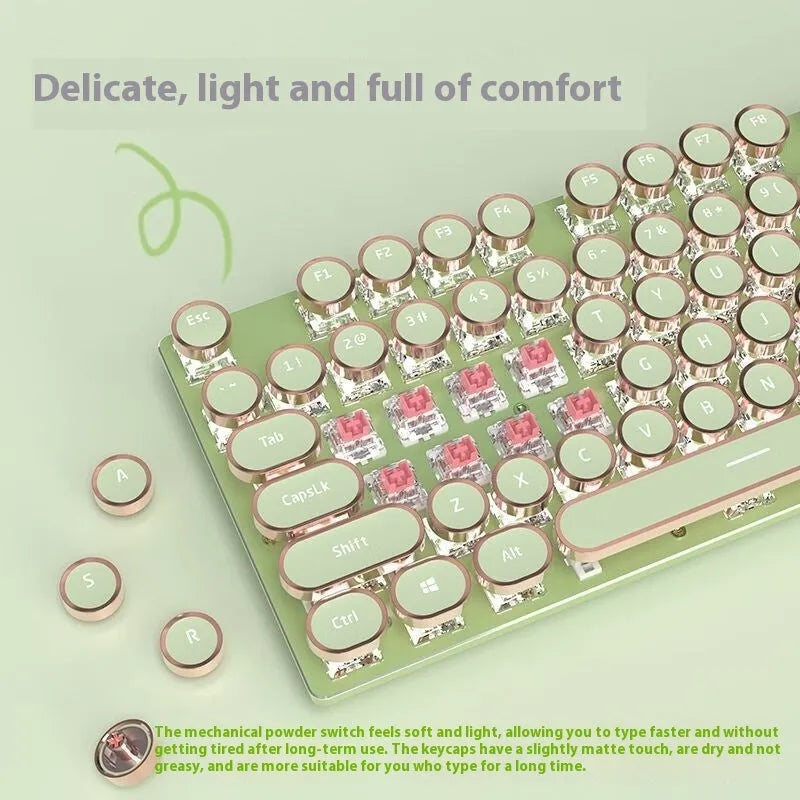 E-sports mechanical keyboard with multifunctional knob, white backlighting, and aluminium alloy frame in matcha green colour