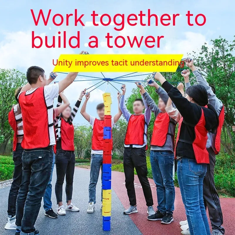 Outdoor team building game with 10 pull ropes, ABS plastic tower blocks, and hook frame set in various colours