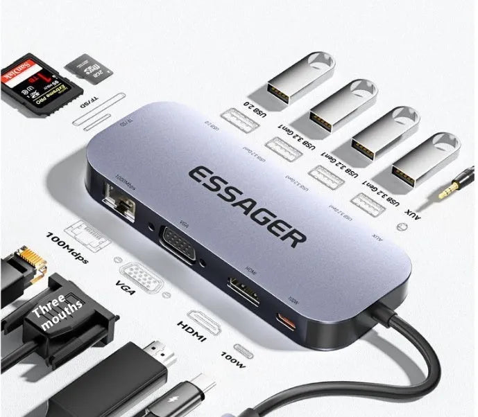 11-in-1 USB-C expansion dock with 20cm cable separator and Gigabit network port