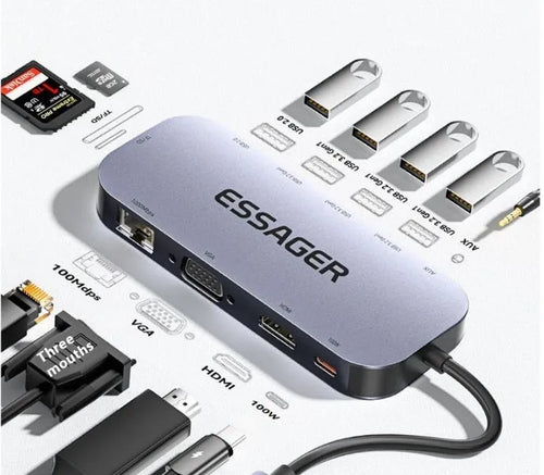 11-in-1 USB-C expansion dock with 20cm cable separator and Gigabit network port