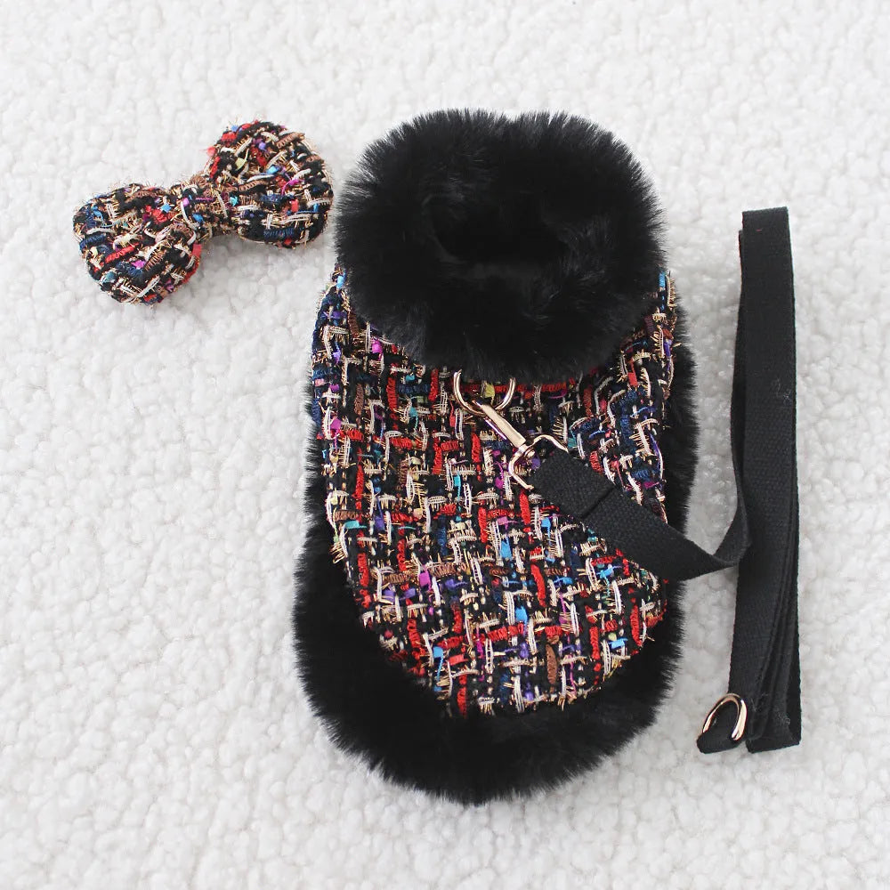 Classic style dog cloak attached to chest strap with integrated hand holding rope in beret, bow, and plain designs