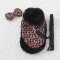 Classic style dog cloak attached to chest strap with integrated hand holding rope in beret, bow, and plain designs