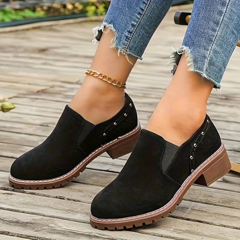 Women's plus size suede ankle boots with low heel and elastic band in light brown colour