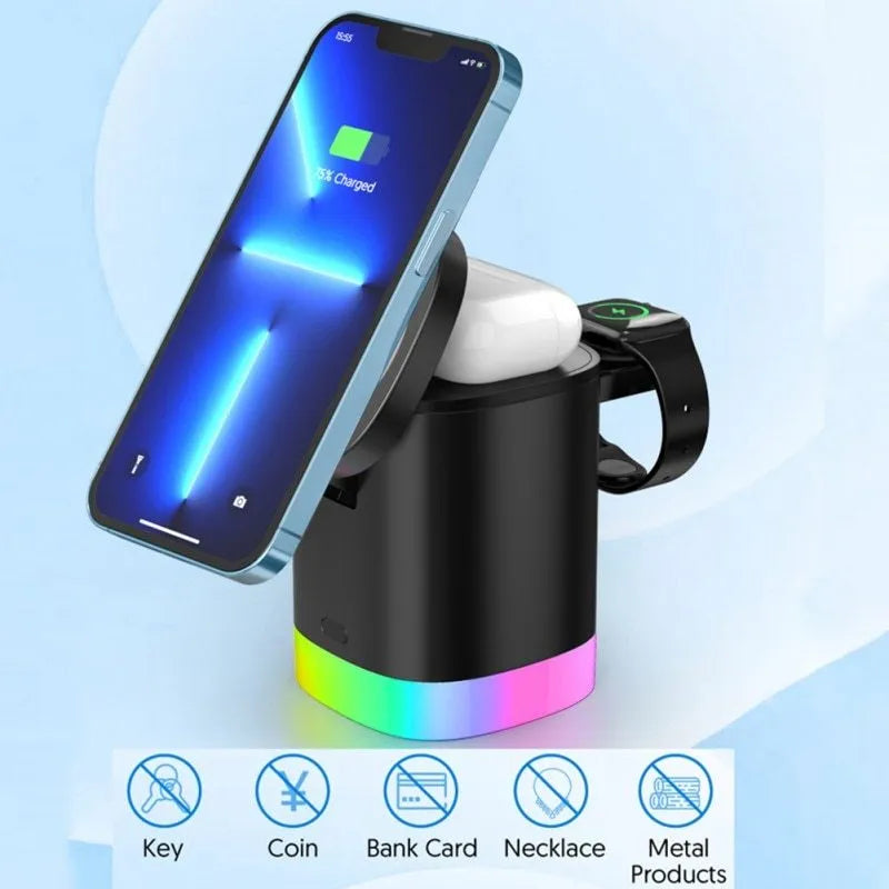Black 3 in 1 magnetic wireless charging cube showing iPhone, Apple Watch and AirPods charging simultaneously with RGB lights