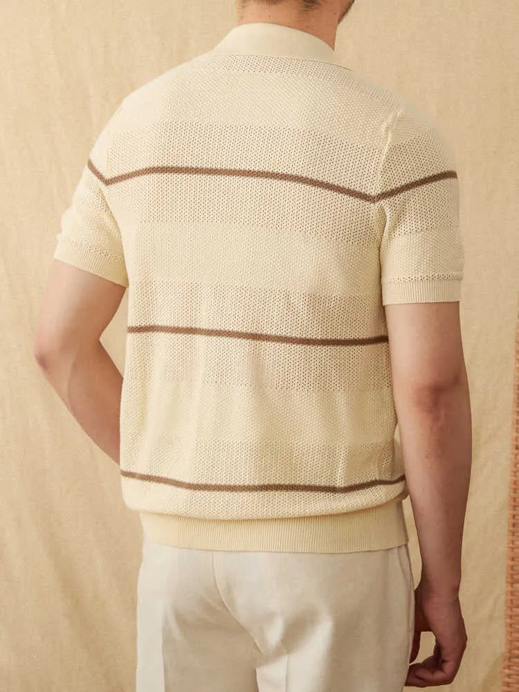 Linen cotton blended cardigan with lapel collar in camel colour, short sleeve design