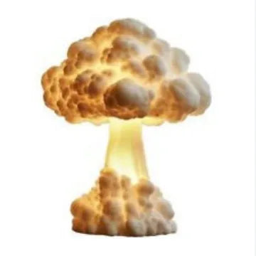 Mushroom cloud shaped table lamp with geometric cut patterns, USB power cable visible