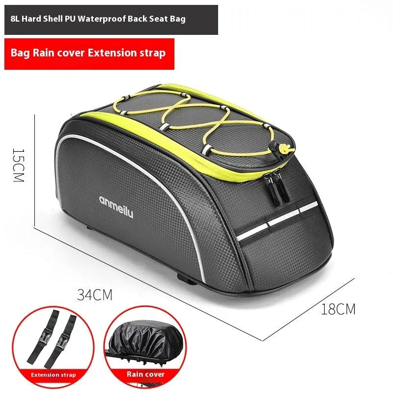 Black waterproof bicycle rear rack bag with 8-litre capacity on bike rack