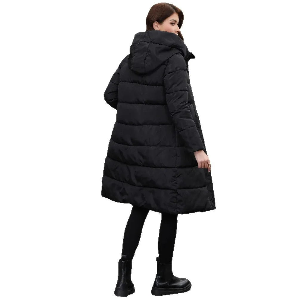 Black hooded slim fit winter jacket with long sleeves on man