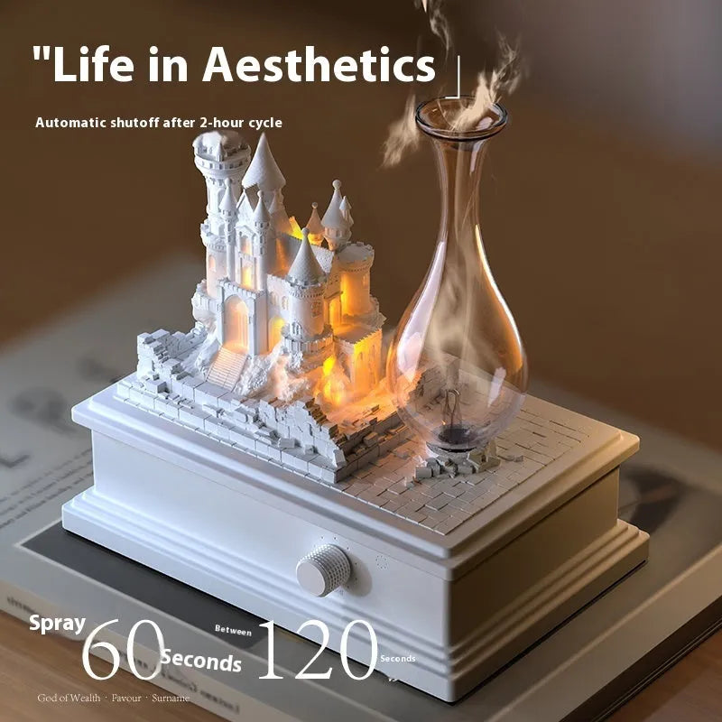 White medieval castle cold fragrance aromatherapy machine with ambient lighting, 188mm tall with USB-C charging port