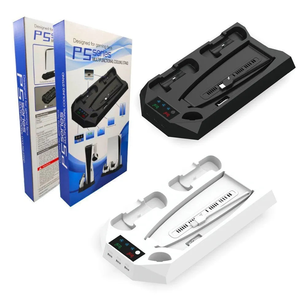 PS5 charging base radiator in black with dual USB ports storing controller and headset