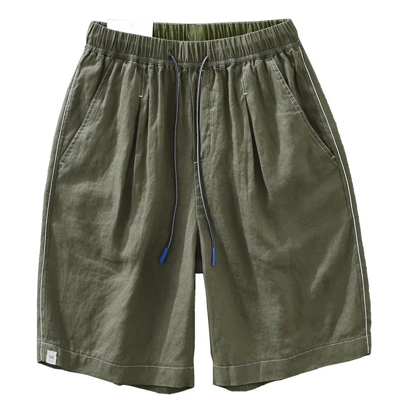 Men's loose straight linen shorts in black or green with drawstring waist
