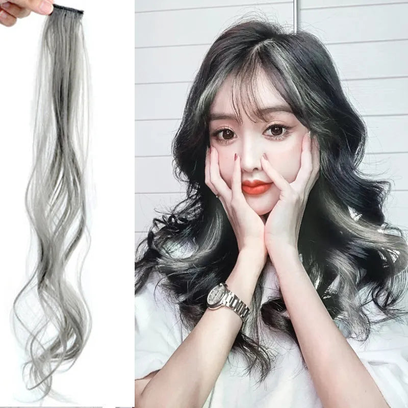 Gradient female long curly hair wig patch in Aurora Purple colour, showing 60cm length and mixed silk material