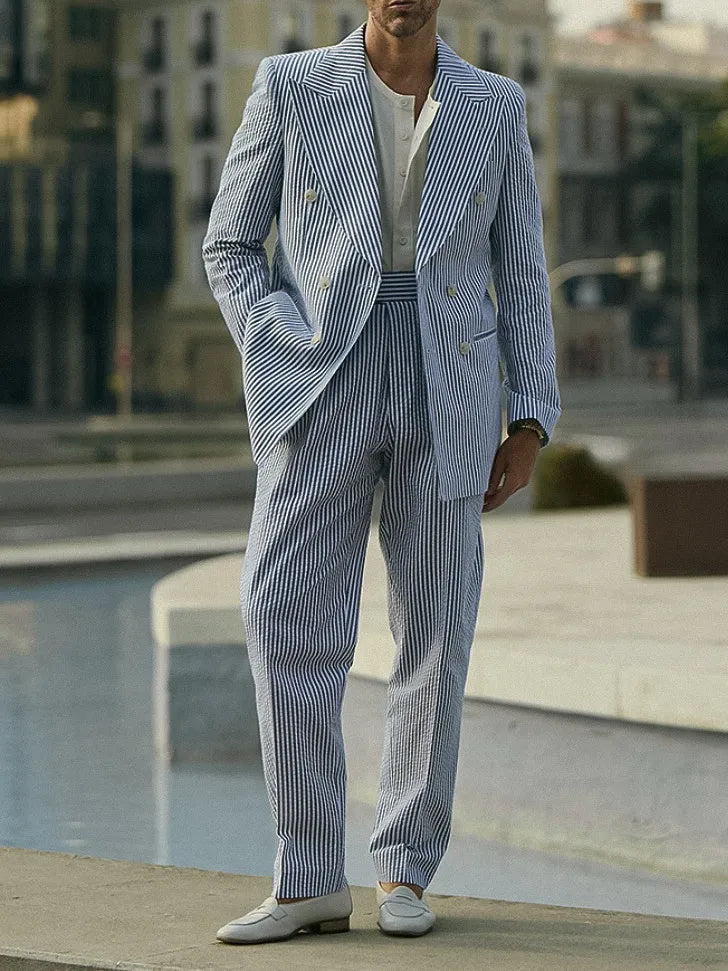 Blue and white striped suit set with blazer and trousers in regular fit