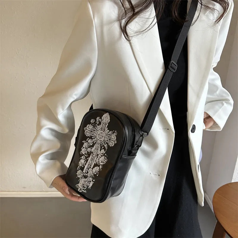 Halloween graffiti crossbody phone bag with pumpkin ghost bat print, 14x23x9.5cm dimensions, PU material