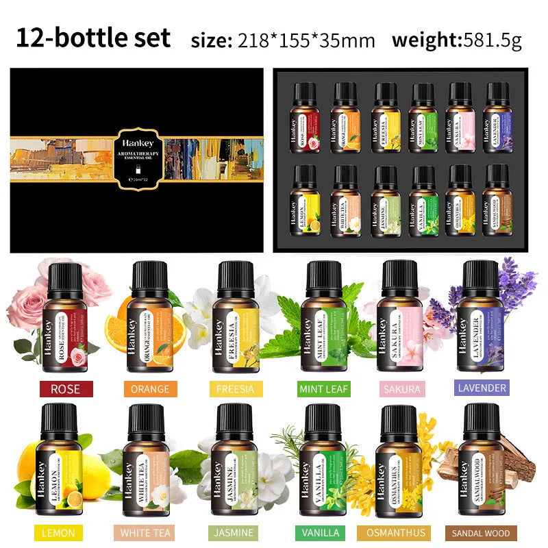 Boxed set of water-soluble aromatherapy essential oil bottles for diffusers.