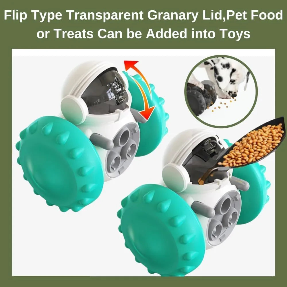 Dog treat dispenser toy with roller design in various colours, showing dimensions of 141mm x 83mm x 114mm for small pets