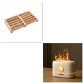 Black USB humidifier with flame simulation effect on wooden desk, showing mist output and compact 15cm height