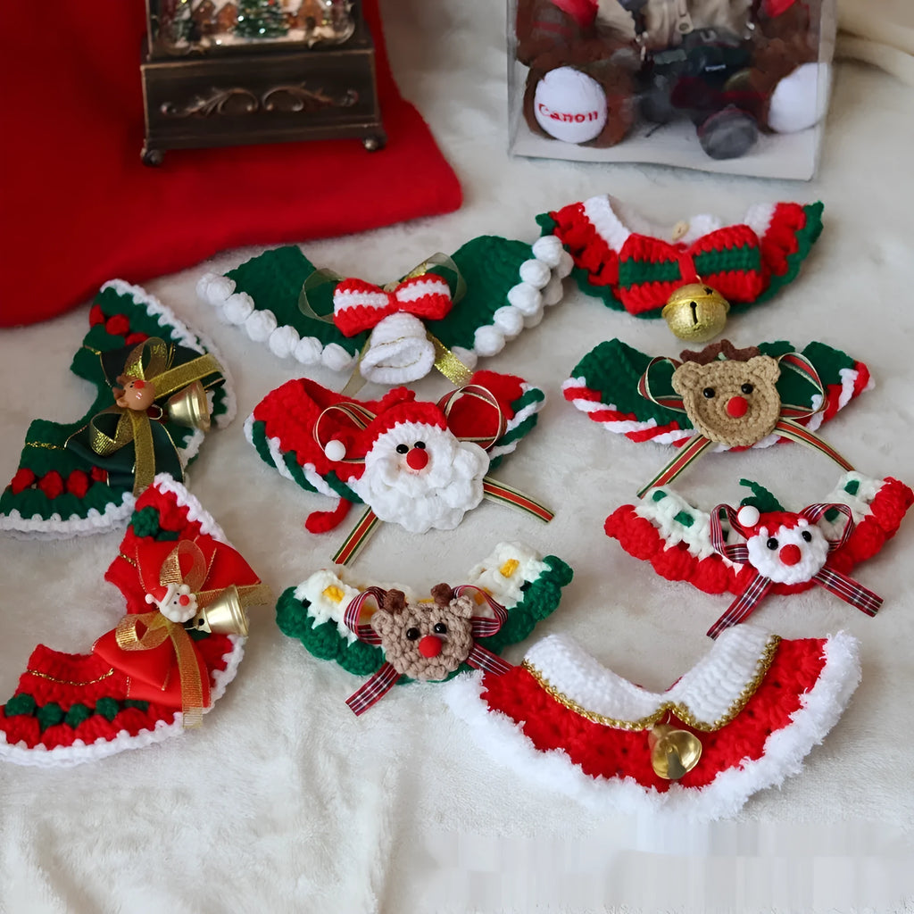 Knitted wool Christmas scarf for a small dog featuring a striped Santa Claus pattern.