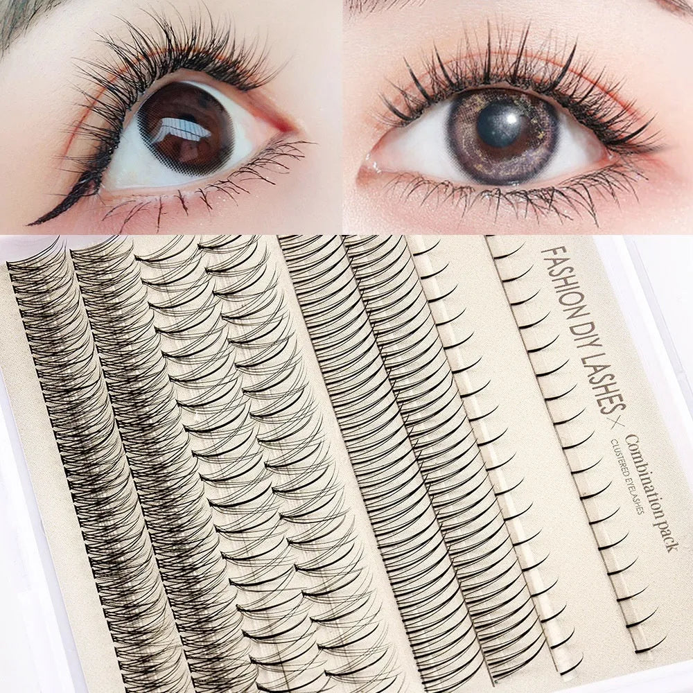 Single-cluster false eyelash set with black and pink glue options and application tweezers