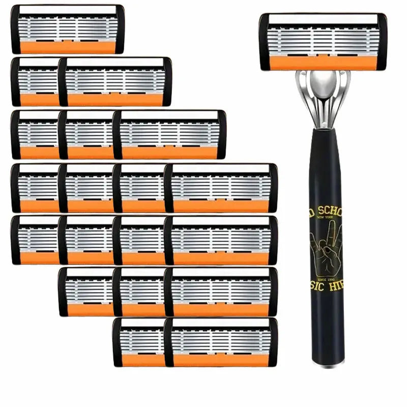 Black manual shaver handle with six-layer blade design and finger grip, showing blade holder and cutter head