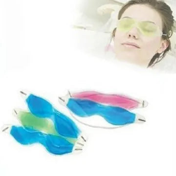 A blue gel ice eyeshade mask for cooling eye relief, shown with green, red, and yellow colour options.