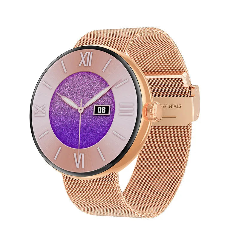 Smart watch for women with colour screen, aluminium alloy case, and metal strap in black, gold, or silver steel.